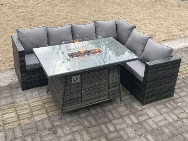Image of Fimous 6 Seater Outdoor Dark Grey Rattan Lounge Complete Sofa Set Right Side with Gas Fire Pit Table and Heater