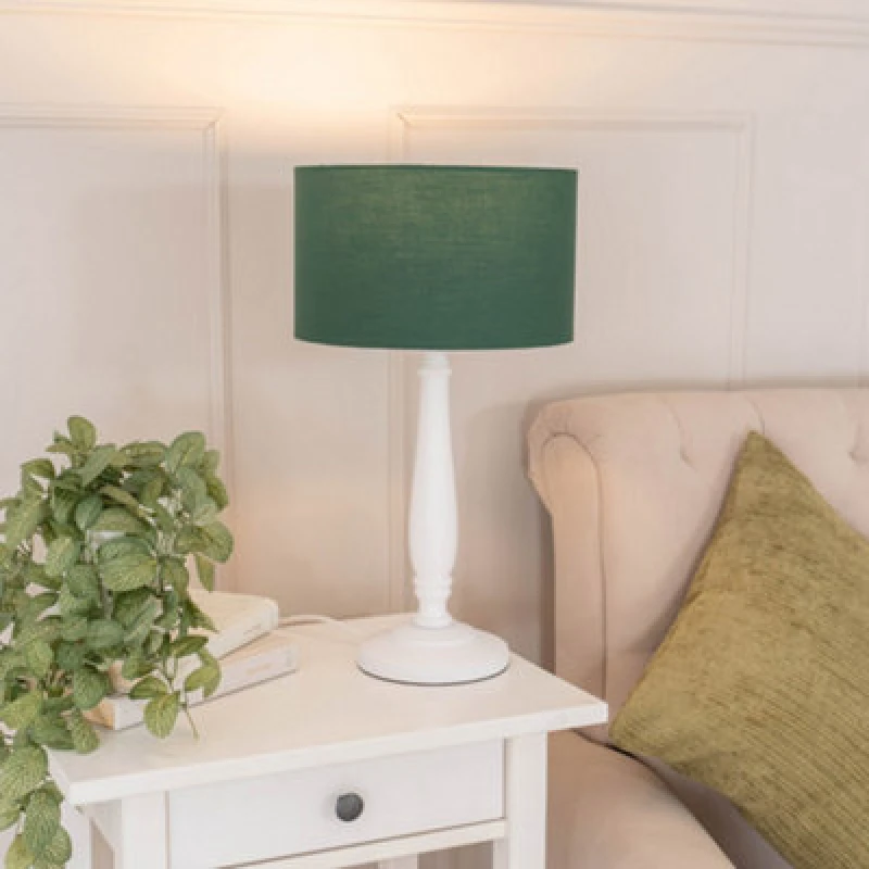 Image of ValueLights Victoria White Wood Traditional Stem Table Lamp with Fabric Drum Shade Green