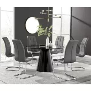 Image of Furniturebox Palma Black Semi Gloss 120cm Round Minimalist Dining Table & 6 Grey Murano Chairs