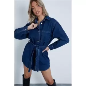 Image of I Saw It First Dark Wash Belted Denim Shirt Dress - Blue