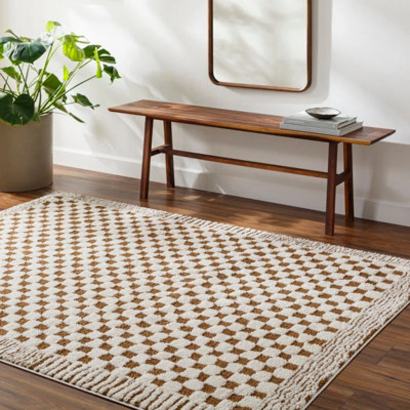 Image of Livabliss Scandi Modern High Pile Brown Checkered Ekta Area Rug 200 X 275cm - Easy Care, Ideal For Living Room & Bedroom