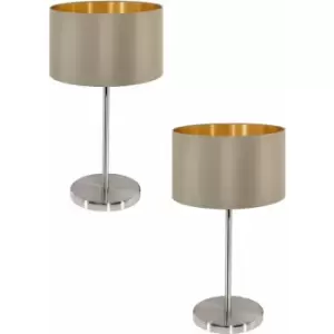 Image of 2 pack Table Lamp Colour Satin Nickel Steel Shade Taupe Gold Fabric E27 1x60W