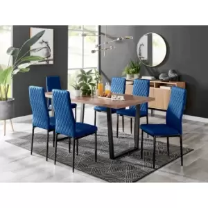 Image of Furniture Box Kylo Brown Wood Effect Dining Table and 6 Navy Velvet Milan Black Leg Chairs