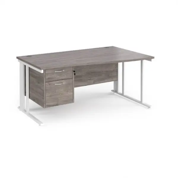 Image of Maestro 25 right hand wave desk 1600mm wide with 2 drawer pedestal - white cable managed leg frame, grey oak top