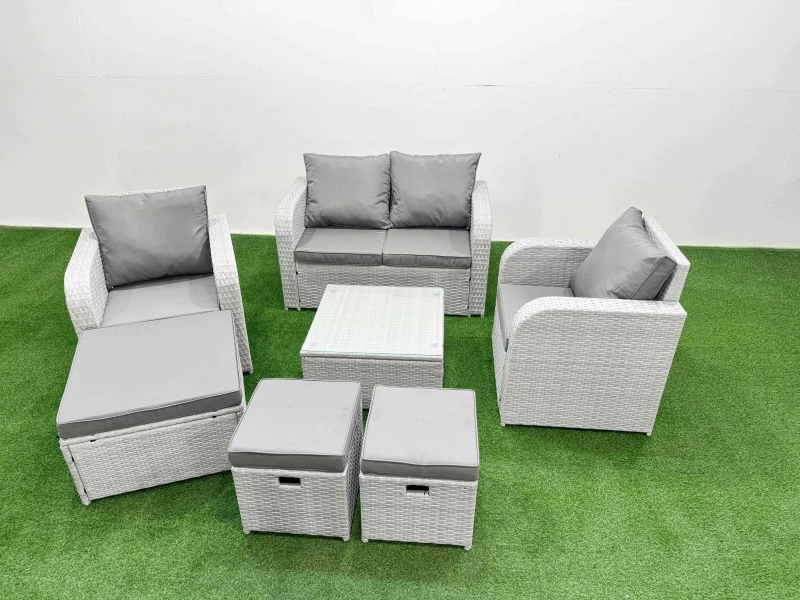 Image of Fimous Light Grey PE Wicker Rattan Garden Furniture Set Sofa Set Reclining Adjustable Chair Square Coffee Table 7 Seater 3 Stools Light Grey