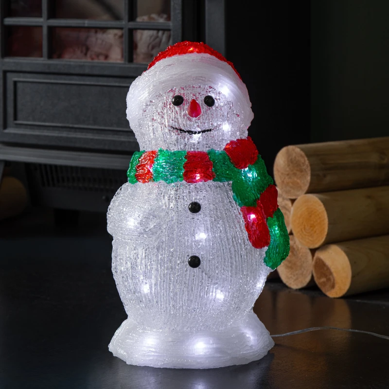 Image of 30cm Light up Acrylic Christmas Snowman in Red and Green Scarf with White LEDs