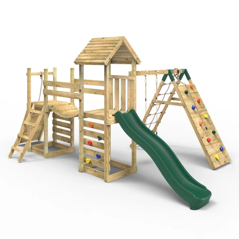 Image of OutdoorToys Double Garden Tower Climbing Frame with Flexible Bridge, Swing & Slide for Kids - Bear in Beige Beige Unisex
