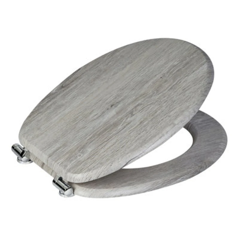 Image of Showerdrape Norfolk Soft Close Grey Oak Wooden Toilet Seat With Chrome Hinges Light Grey