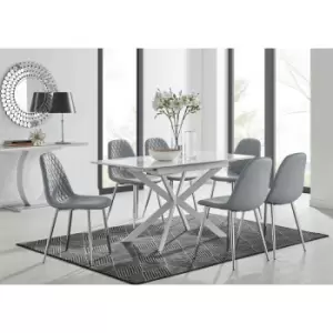 Image of Lira 120 Extending Dining Table and 6 Grey Corona Faux Leather Dining Chairs with Silver Legs Diamond Stitch - Elephant Grey