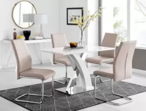 Image of Atlanta White High Gloss and Chrome 4 Seater Dining Table with X Shaped Legs and 4 Faux Leather Lorenzo Chairs