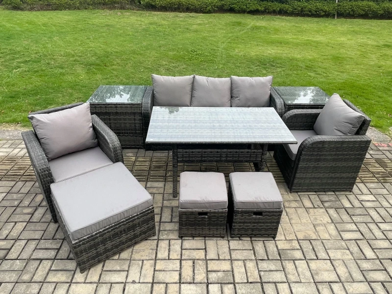 Image of Fimous 9 Pcs Rattan Outdoor Garden Furniture Set Rectangular Dining Table & Chair Sofa Set With 2 Side Tables 3 Footstools in Dark Grey Dark Grey Unis