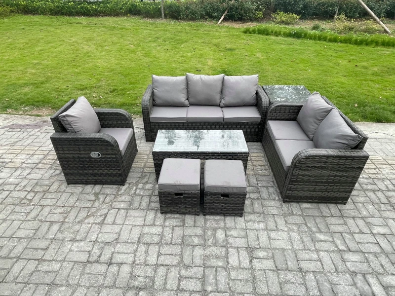 Image of Fimous 8 Seater High Back Rattan Garden Furniture Set with Loveseat Sofa Rectangular Coffee Table Side Table Indoor Outdoor Patio Lounge Sofa Set Dark