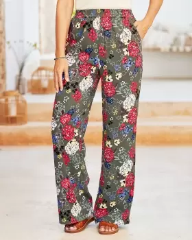 Image of Cotton Traders Womens Florence Printed Wide-Leg Trousers in Green
