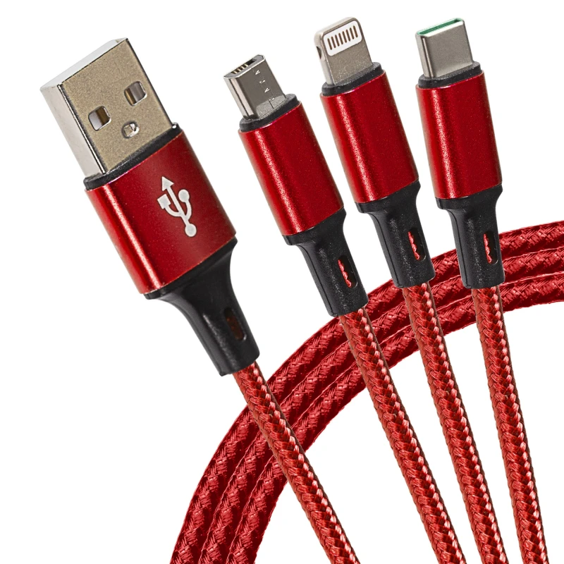 Image of Maplin Maplin USB-A to 3-in-1 Multi-Charging USB-C / Lightning / Micro USB Braided Cable - 1.2m (Red) 856PAM