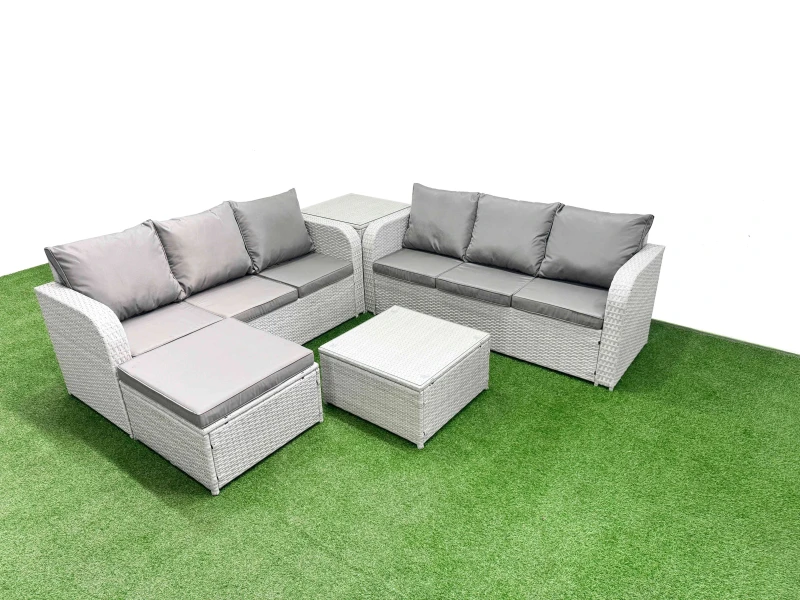 Image of Fimous Outdoor Garden Furniture Sets 7 Seater Wicker Rattan Furniture Sofa Sets with Square Coffee Table high Back Lounge Sofa Big Footstool Side Tabl
