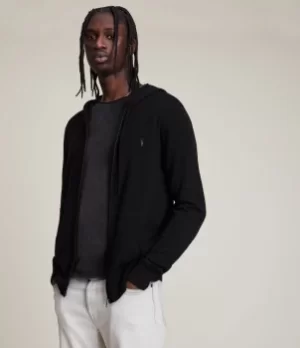 Image of AllSaints Mens Merino Wool Lightweight Mode Zip Hoodie, Black, Size: L