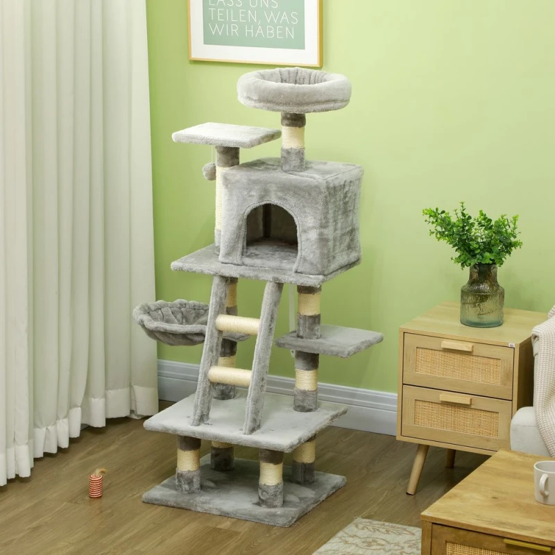 Image of PawHut Pawhut - 132cm Multi-Activity Cat Tree w/ House, Bed, Ladder, Scratch Post - Grey 5056725518479