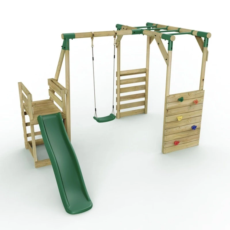 Image of Rebo Wooden Single Swing Set with Monkey Bars and Slide - Solar Green Green