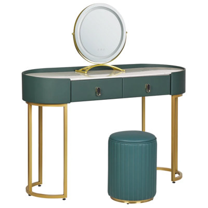 Image of Beliani Dressing Table With Mirror And Stool Vinax LED Dark Green