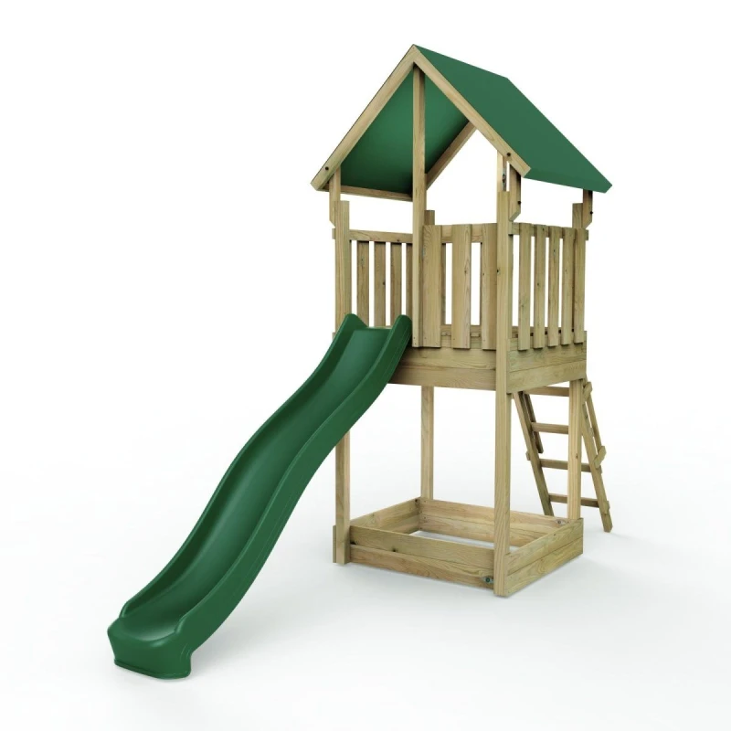 Image of Rebo Wooden Climbing Frame with Play Tower and Slide - M1 Canvas Roof Brown