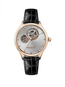 Image of Ingersoll The Vamp Automatic I07001 Silver Sunray and Rose Gold Detail Skeleton Eye Automatic Dial Black Leather Strap Ladies Watch, One Colour, Men