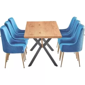Image of 7 Pieces Life Interiors Soho Blaze Dining Set - an Extendable Oak Rectangular Wooden Dining Table and Set of 6 Blue Dining Chairs - Blue