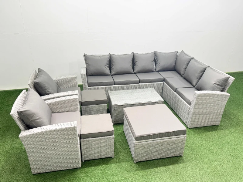 Image of Fimous Garden Outdoor Rattan Furniture Set 11 Seater Rattan Garden Sofa Set in Light Grey Light Grey Unisex