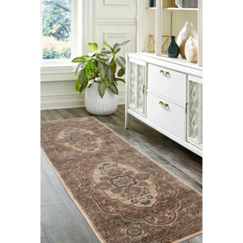 Image of Melrose Traditional Medallion Brown Design Living Indoor Area Runner Rug 068/235Cm