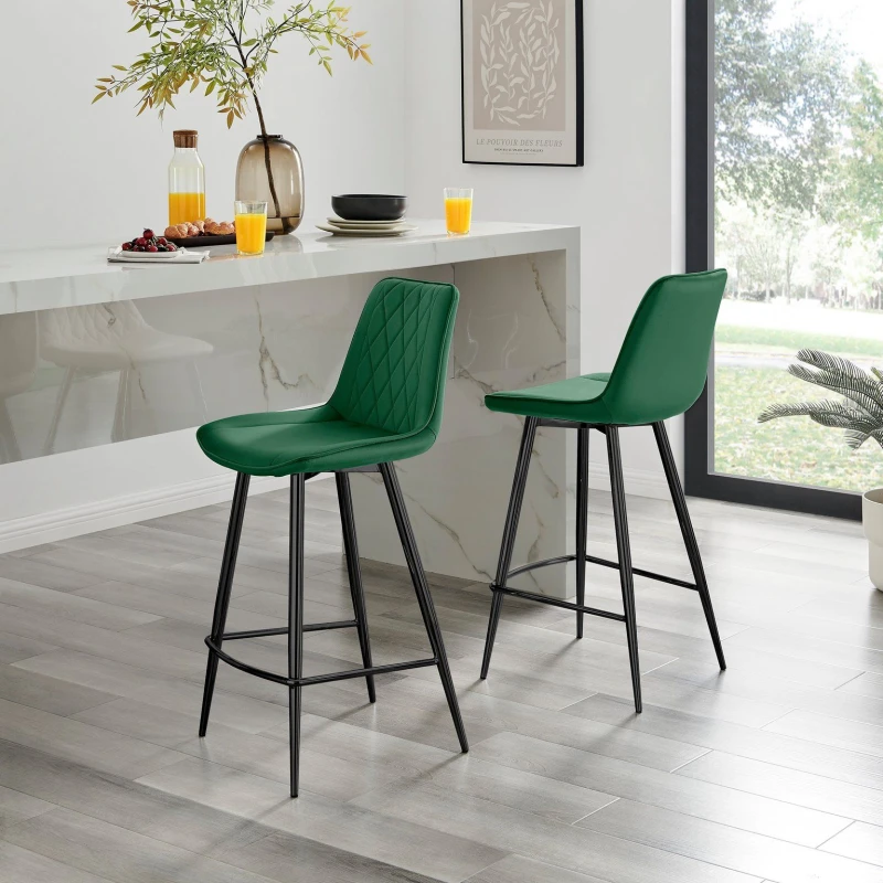 Image of FurnitureboxUK Pesaro Set of 2 Velvet Black Legs Bar Chair in Green Green Unisex