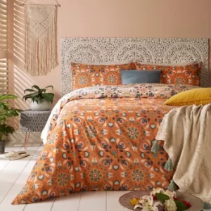Image of Furn. Folk Flora Orange Reversible Duvet Cover and Pillowcase Set Orange/Blue/White