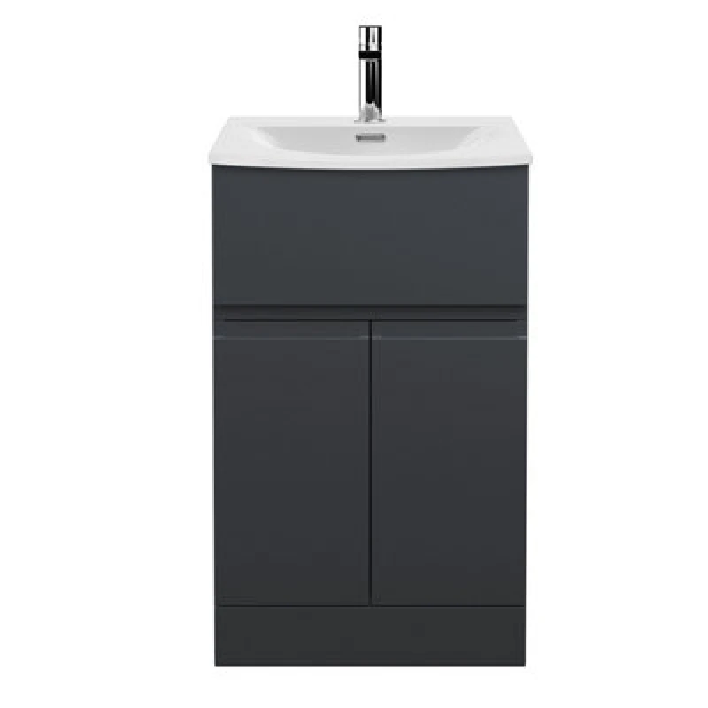 Image of Hudson Reed Urban Floor Standing 2 Door 1 Drawer Vanity Unit With Curved Basin, Durable Modern Vanity Unit In Soft Black, 500mm