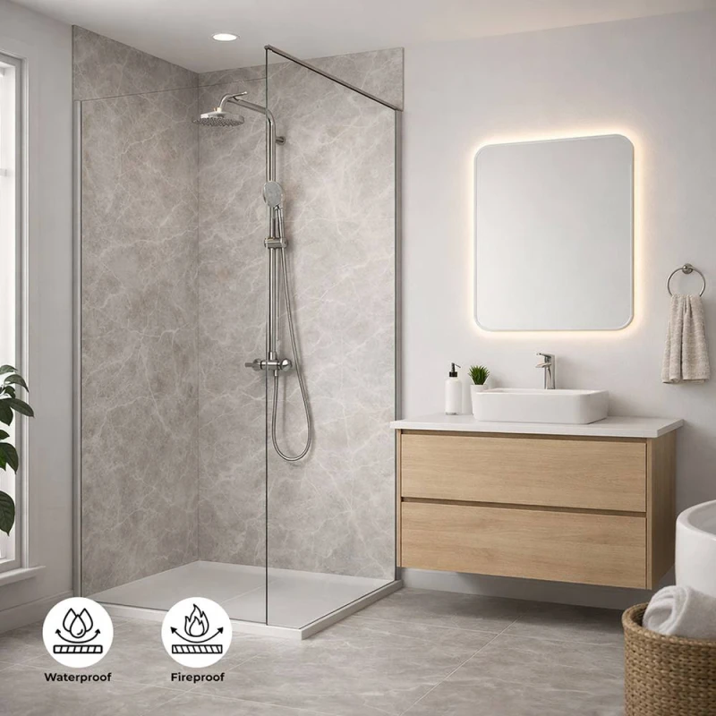 Image of ENER-J BRITWALL Carrara Grey Marble PVC Shower Panel - 2.4m x 1m x 10mm Grey Unisex