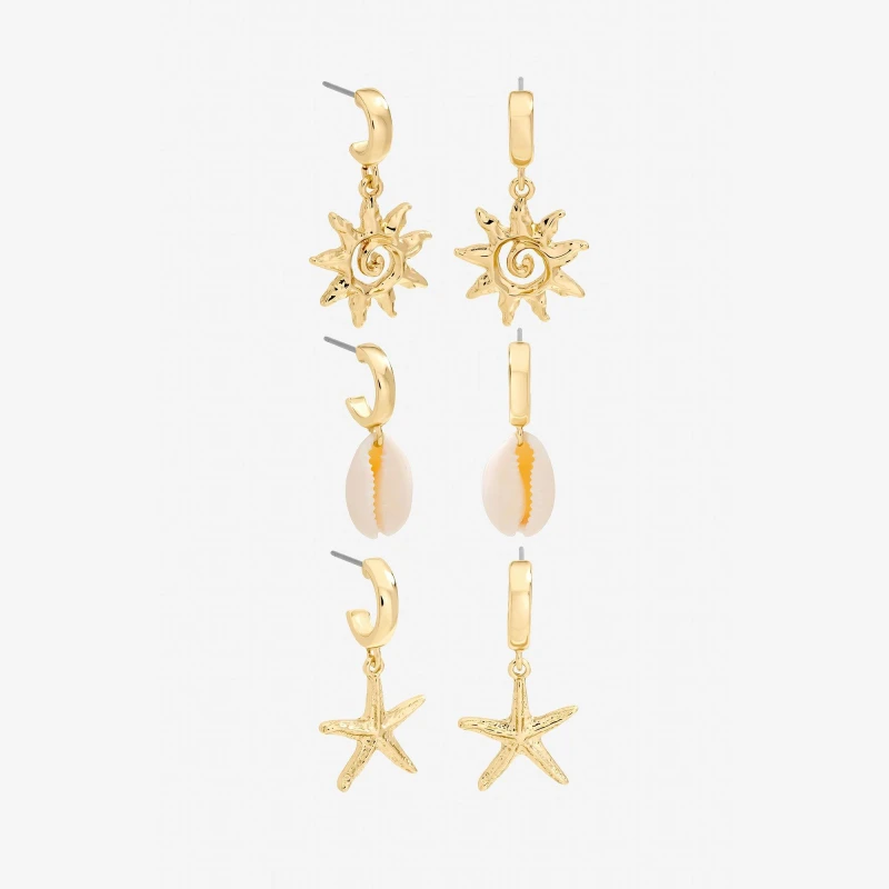 Image of Mood Gold Plated Real Shell Charm Earrings - Pack of 3 Multi Earrings One Size Gold 40057510000