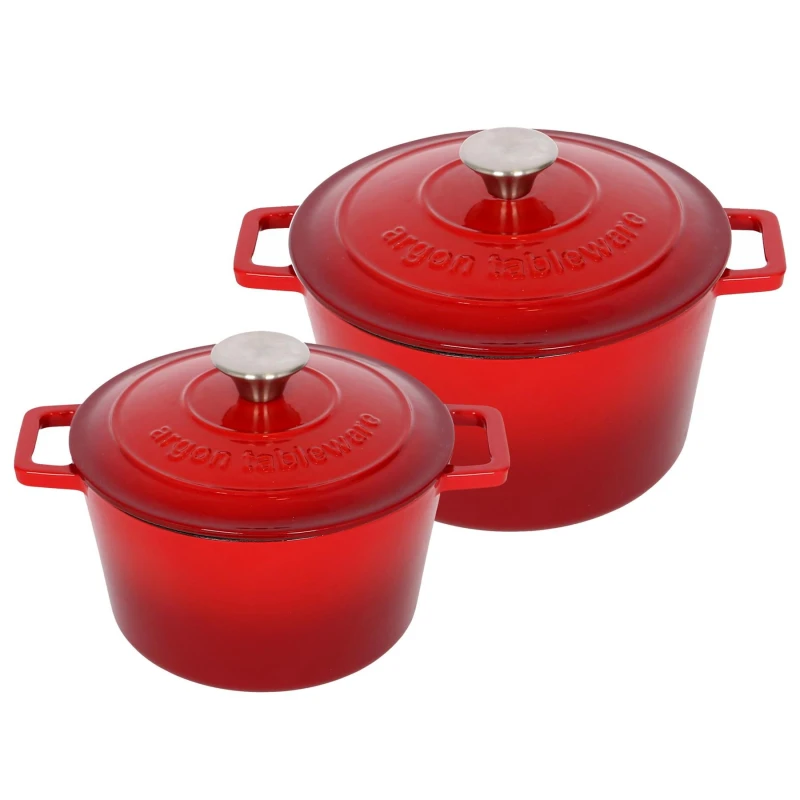 Image of Argon Tableware 2pc Round Cast Iron Casserole Dish Set - 2.8L / 4.5L Cookware with Lid in Red Red Unisex
