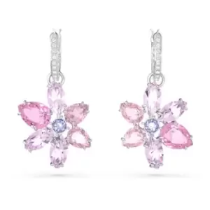 Image of Gema Rhodium Plated Pink Flower Hoop Earrings 5658397