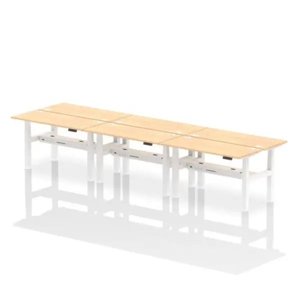 Image of Air Air Back-to-Back 1400 x 600mm Height Adjustable 6 Person Bench Desk Maple Top with Cable Ports White Frame HASCP6P14600MPEW