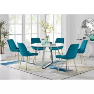 Image of Furniture Box Santorini White Round Dining Table and 6 Blue Pesaro Gold Leg Chairs