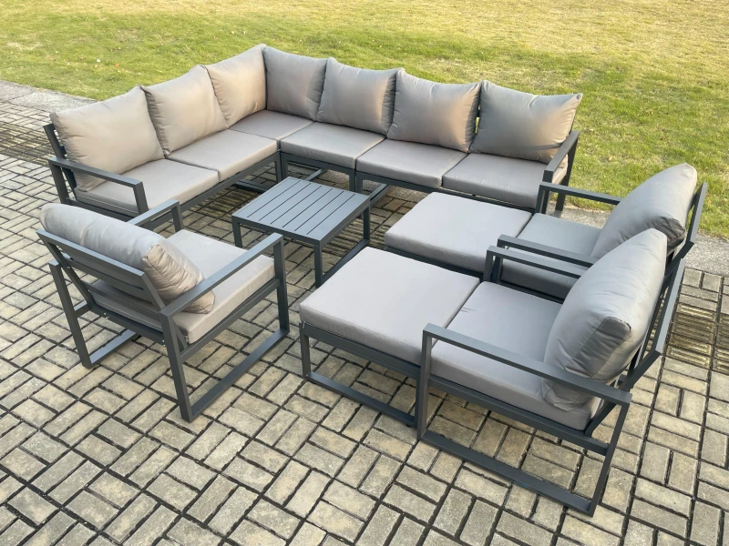 Image of Fimous 11 Seater Outdoor Lounge Corner Sofa Set Aluminum Garden Furniture Sets with Square Coffee Table 3 Chairs 2 Big Footstools Dark Grey Dark Grey