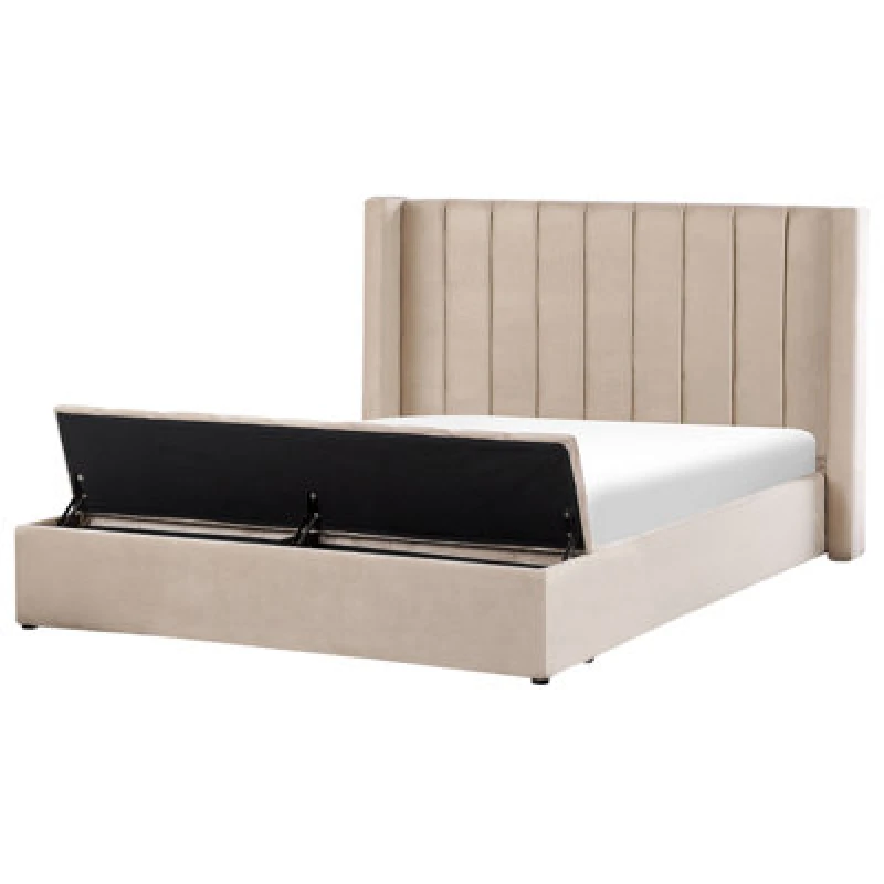 Image of Beliani Bed With Storage Bench Velvet Noyers 180 X 200 Cm (Eu Super King) Beige