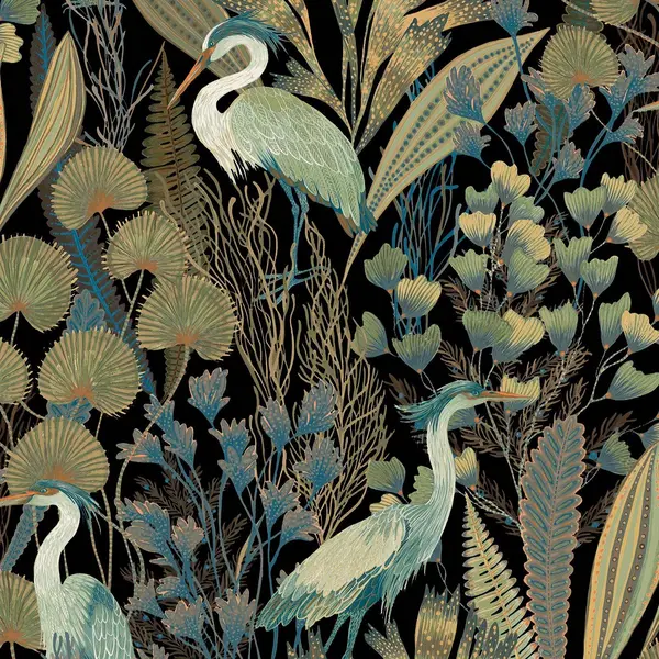 Image of Grandeco Tropical Crane Foliage Textured Wallpaper Black