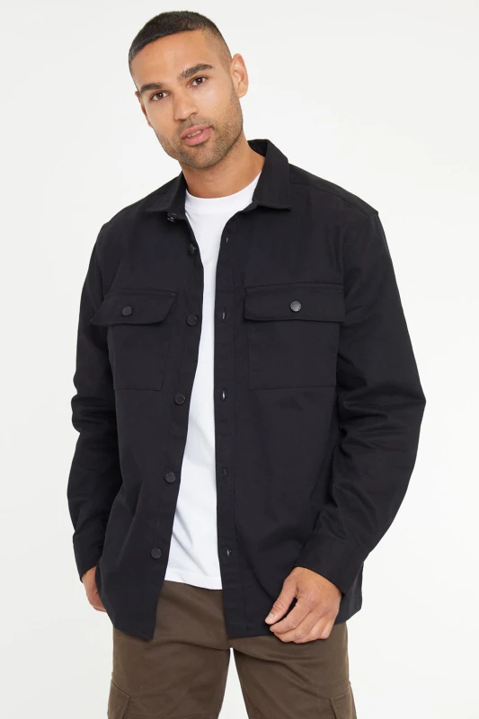 Image of Threadbare 'Church' Cotton Twill Button Up Shacket Black