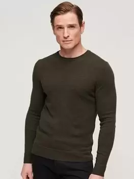 Image of Superdry Essential Slim Fit Crew Knit Jumper - Dark Green, Dark Green, Size S, Men