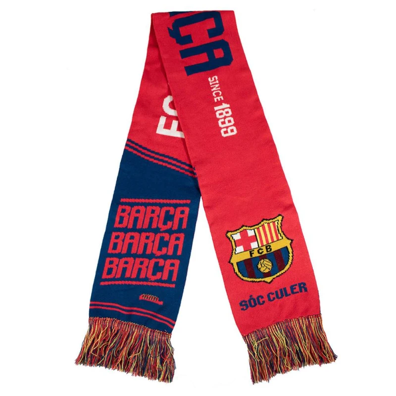 Image of FC Barcelona Mens Jacquard Crest Text Scarf with Fringe Multicolor Male One Size