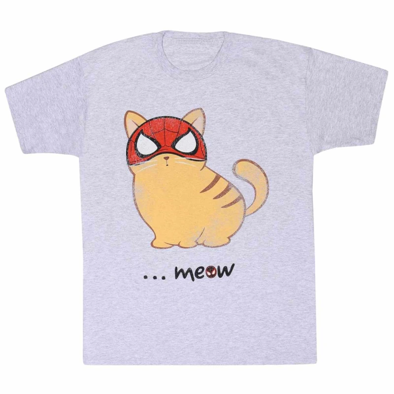Image of Spider-Man Mens Meow Miles Morales T-Shirt in Grey Size: Small Grey Male S