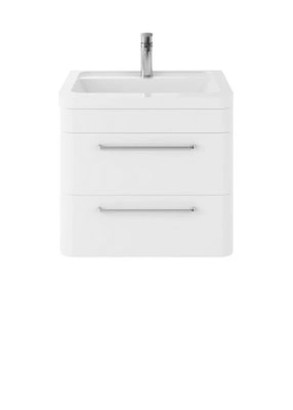 Image of Nuie Hudson Reed Solar Wall Hung Vanity Unit With Ceramic Basin, Modern 2 Drawer Bathroom Sink Vanity Unit In Pure White, 600mm