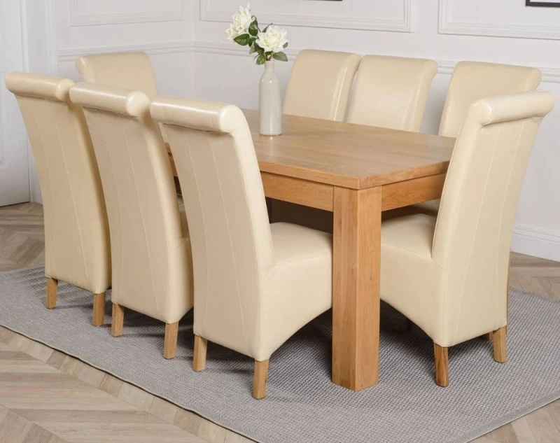 Image of Thats Furniture Dakot 182 x 92cm Oak Large Dining Table & 8 Montana Leather Chairs in Cream Size: 182 x 92cm Cream Unisex 182 x 92 cm
