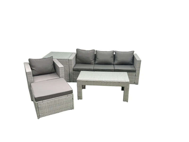 Image of Fimous Outdoor Rattan Garden Furniture Set with Grey Cushions Luxury 5 Seater with Side Table and Coffee Table For Conservatory,Patio Light Grey