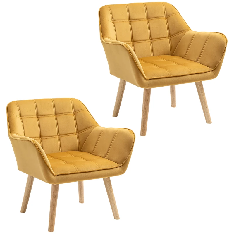 Image of HOMCOM Accent Armchair Duo: Plush Padded Seating with Slanted Back, Iron Frame & Wooden Legs, Sunshine Yellow Aosom UK