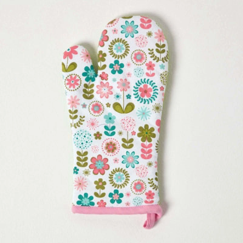 Image of Homescapes Retro Flower Cotton Oven Glove Green unisex
