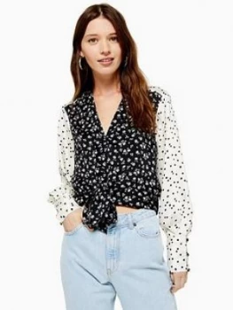 Image of Topshop Mixed Floral Print Tie Front Blouse - Monochrome